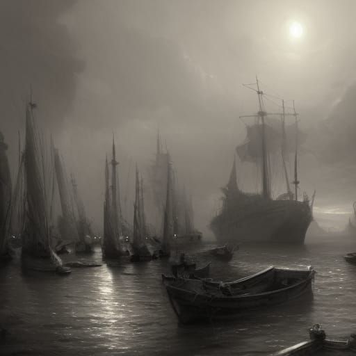 Detailed Pencil Drawing of Harbor with Boats