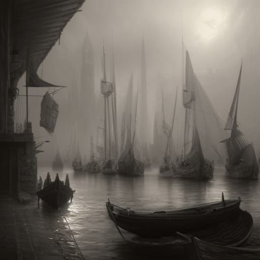 Detailed Pencil Drawing of a Harbor with Boats