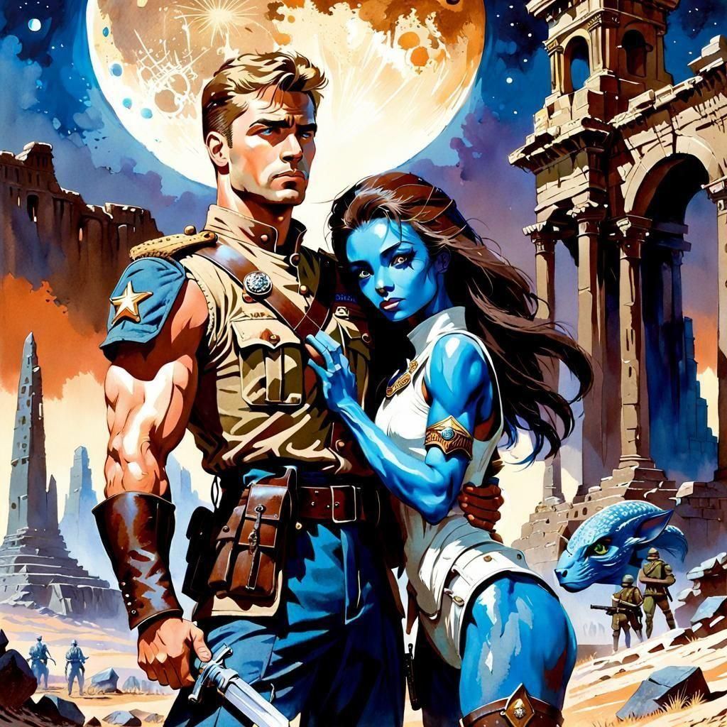 Alien Encounter on Distant Planet: Frazetta-style Watercolor