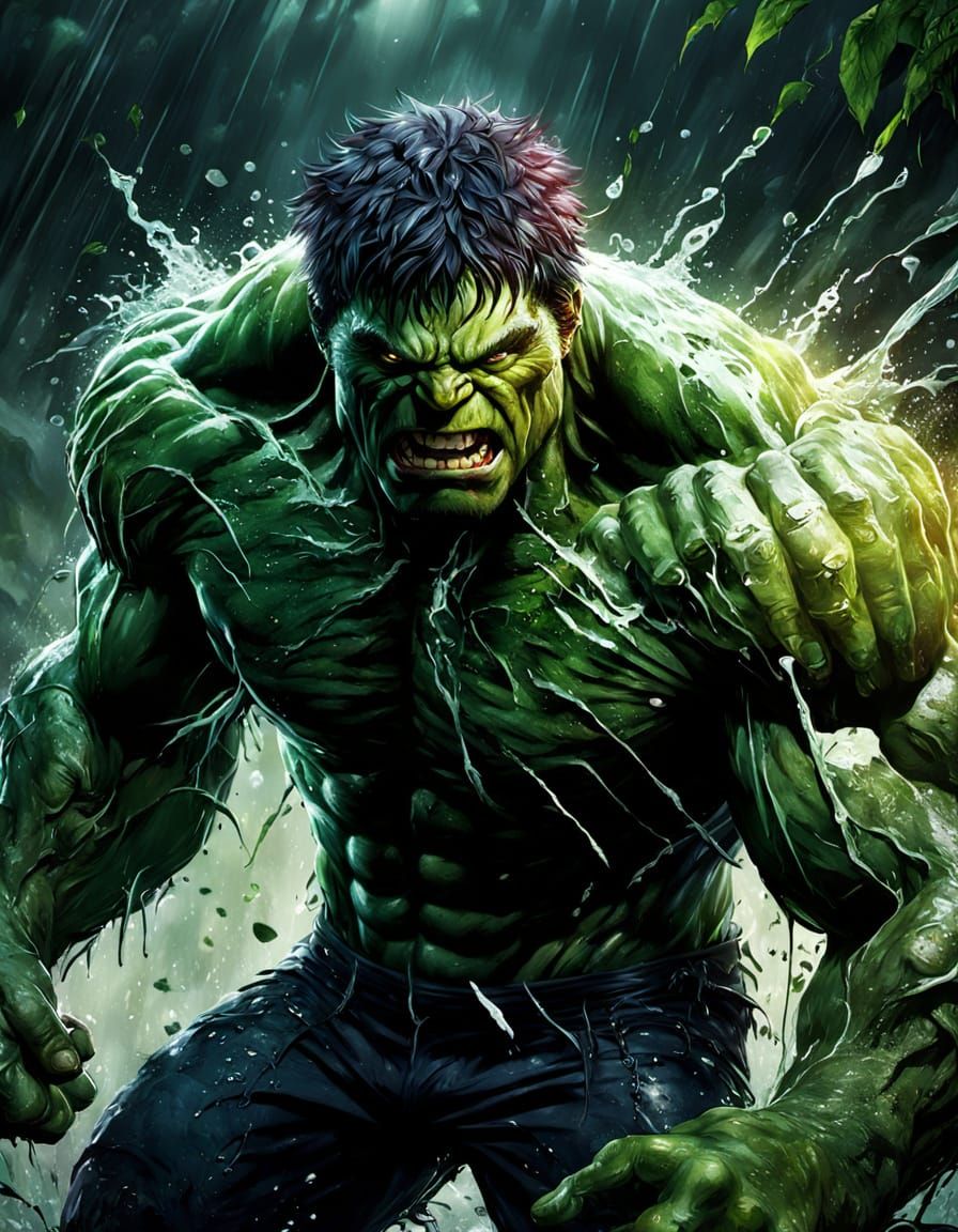 Hyperrealistic Hulk Rampage in Splash Art Style