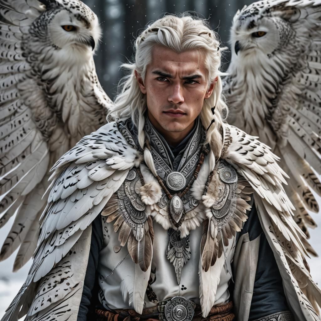 Hyperrealistic Young Man with Snowy Owl Wings