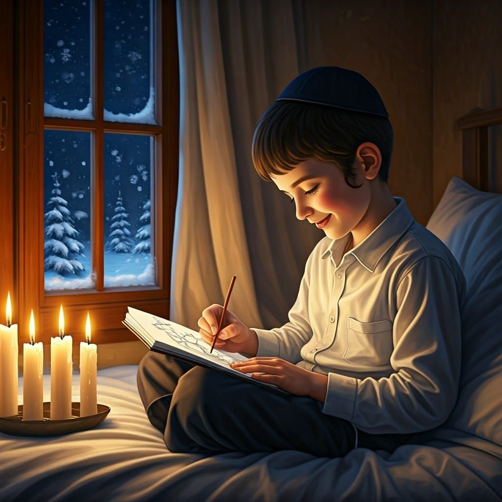 Boy Sketching Winter Landscape by Candlelight