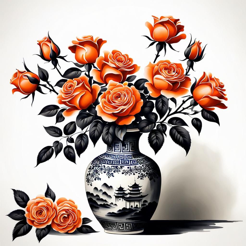 Orange Roses in Vase: Chinese Ink Painting