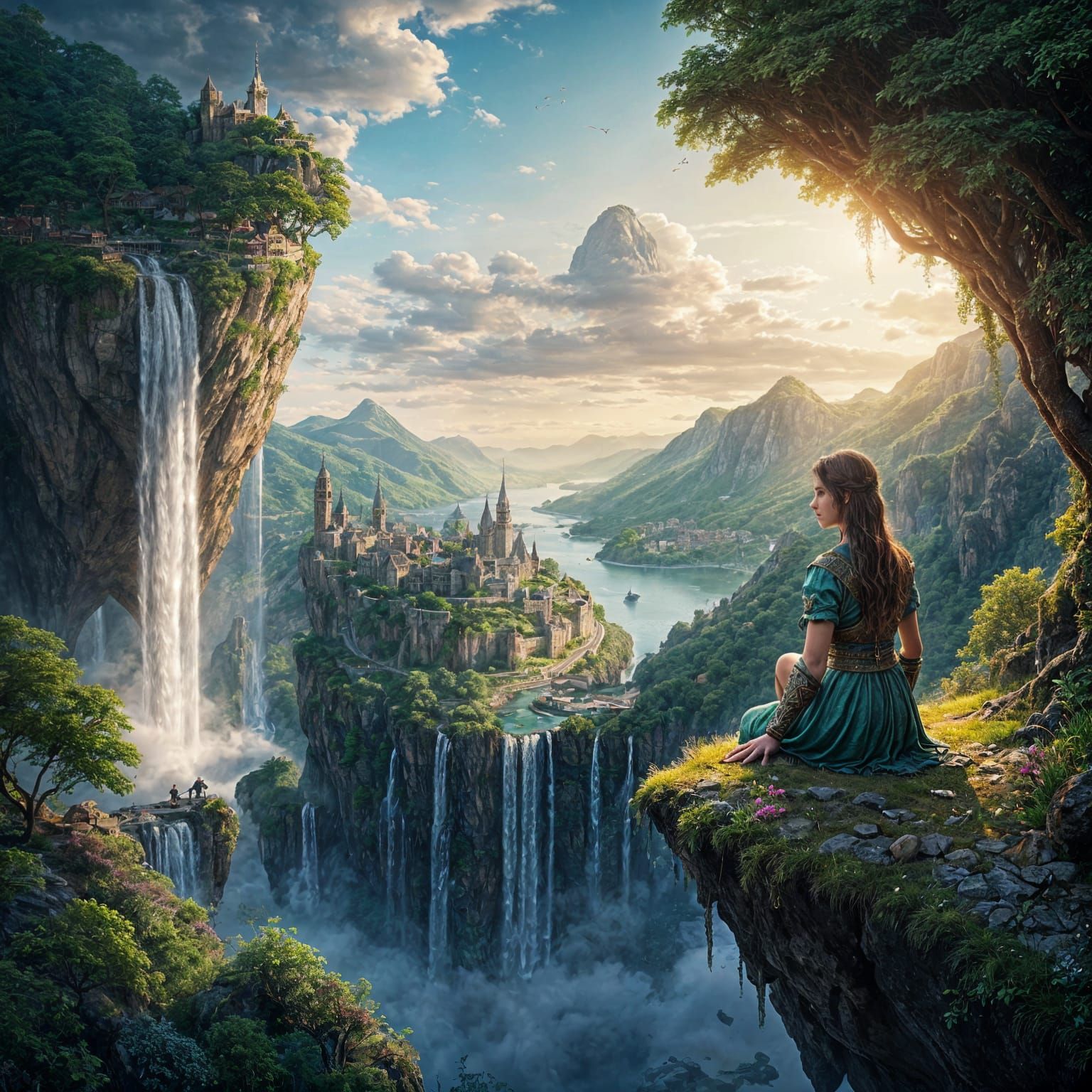 Girl on Flying Island Over Medieval City