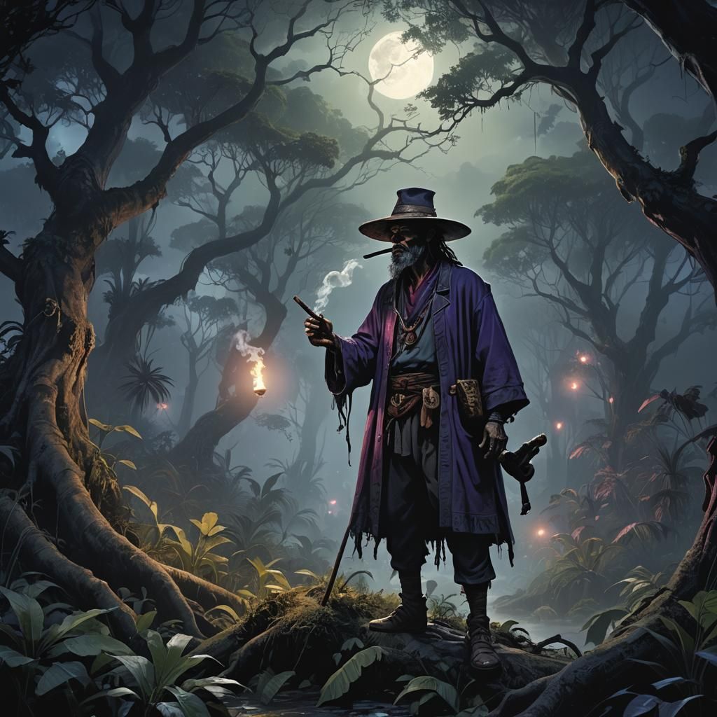 Man Smoking Pipe in Moonlit Jungle Concept Art