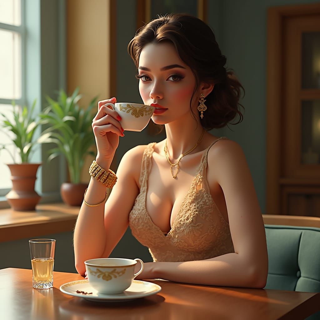 Elegant Lady Sipping Coffee: Hyper-Realistic Digital Art
