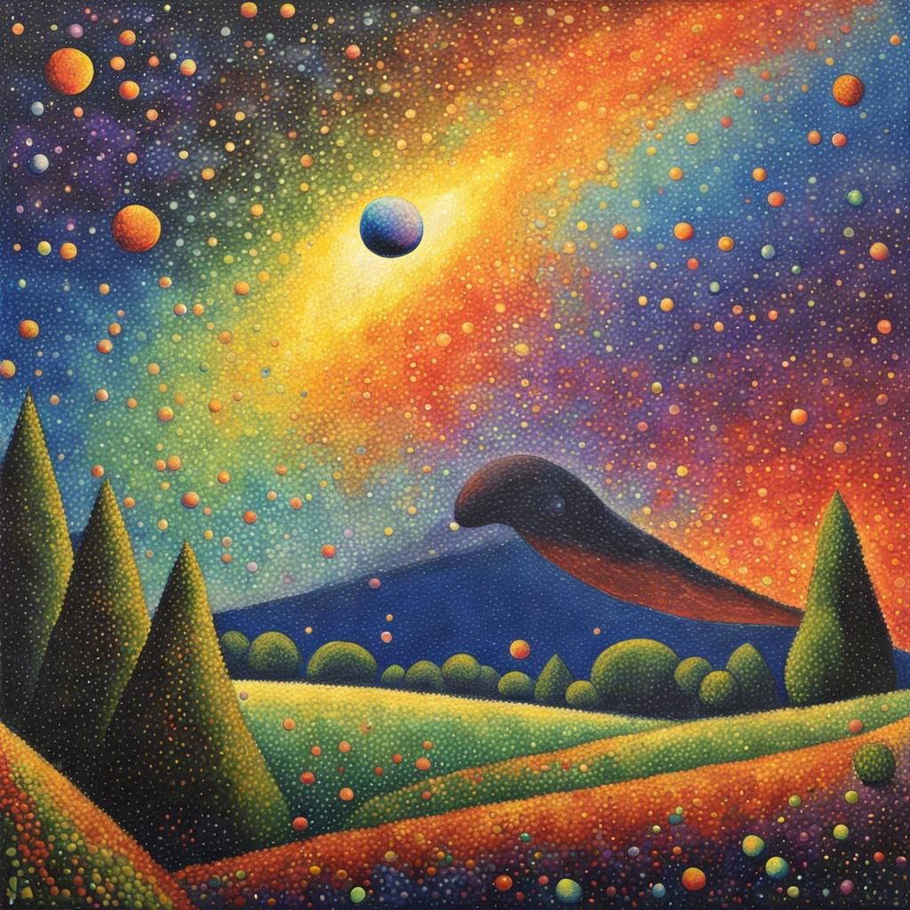 Cosmic Starship Approaching Planet in Pointillism Style