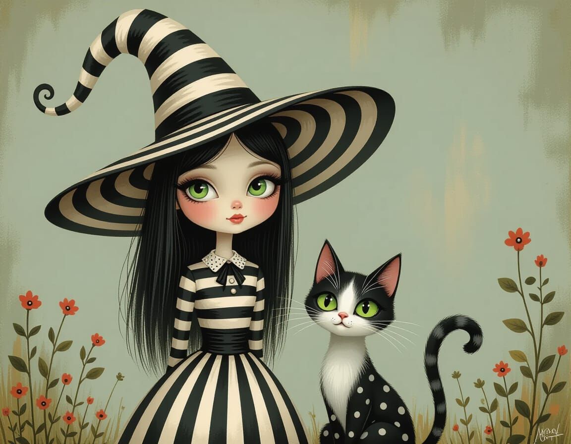 Whimsical Witch and Polka Dot Cat Oil Painting