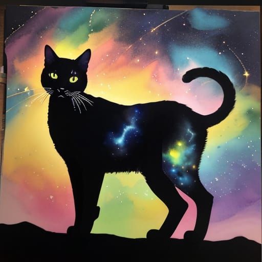 Ancient Cat Silhouette Against Starry Sky in Alcohol Ink Sty...