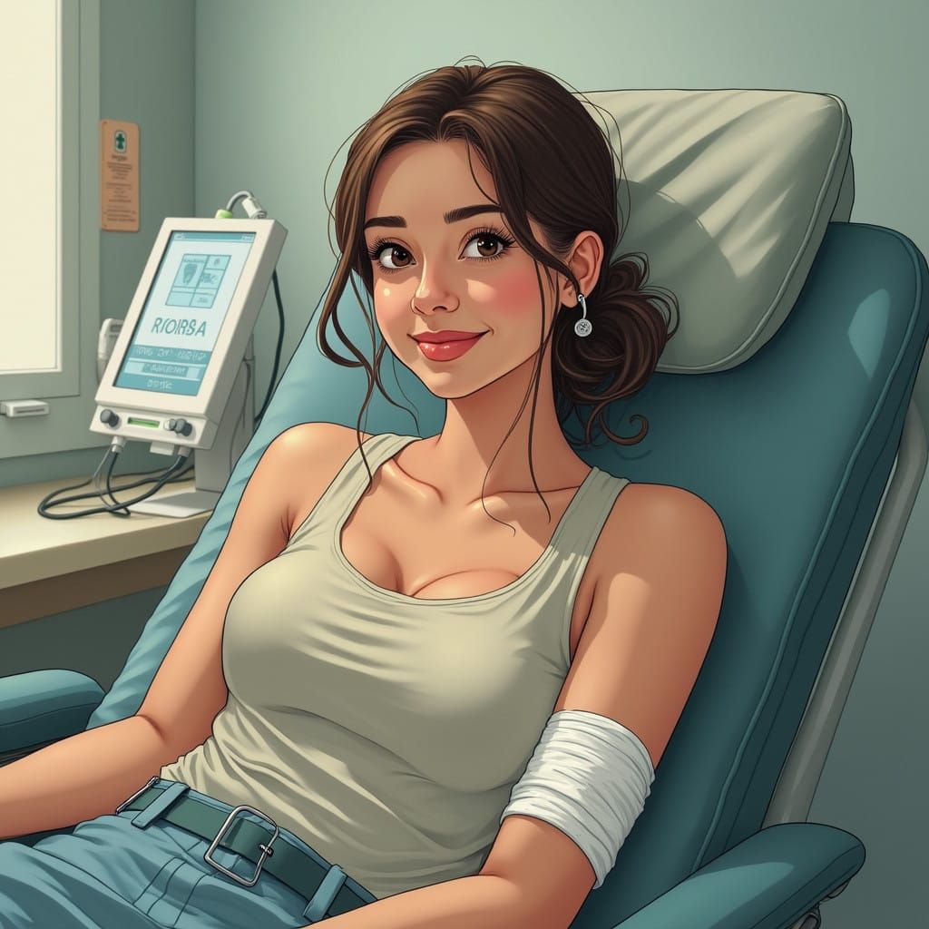 Compassionate Woman Donates Blood in Soothing Medical Settin...