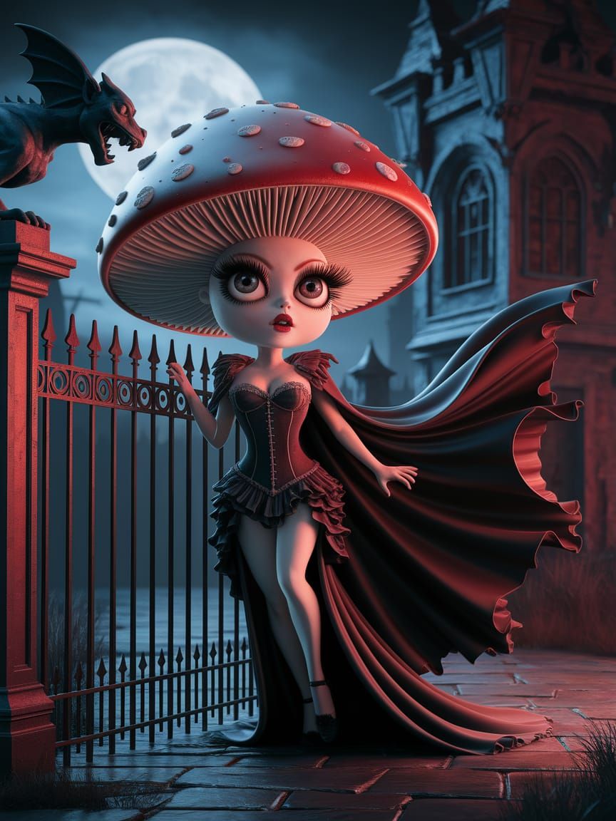 Gothic Mushroom Lady in Haunting Moonlit Scene