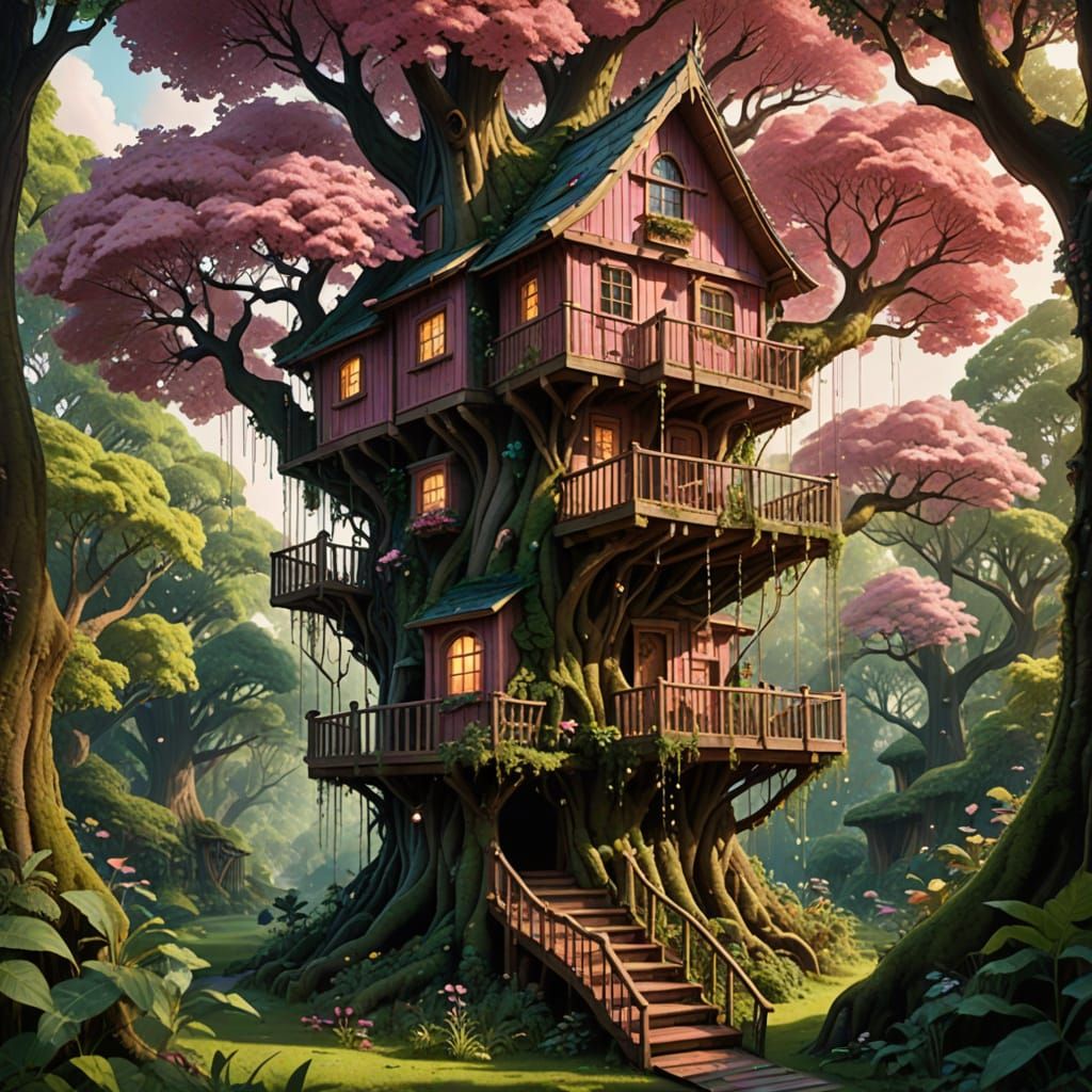 Enchanted Treehouse in Whimsical Forest Landscape