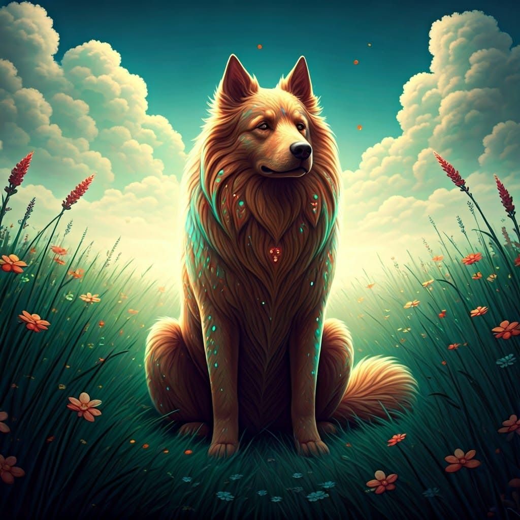 Majestic Strawberry Dog in Vibrant Meadow