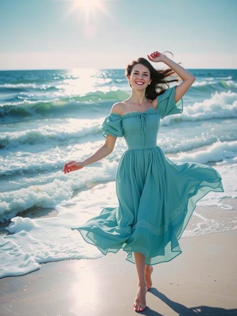 Victorian Lady Twirls on Winter Beach