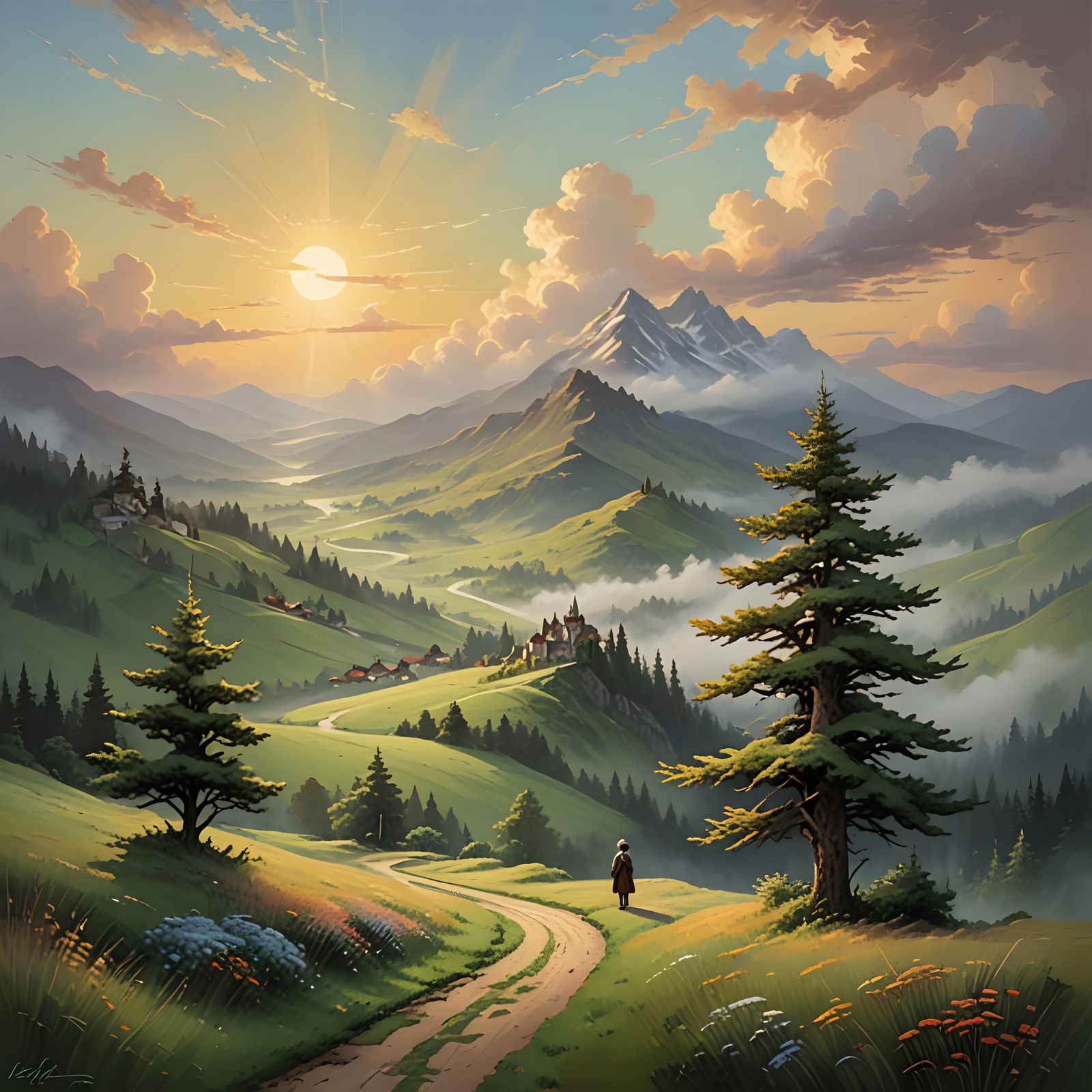 Ethereal Landscape with Lone Figure Walking to Heavenly Priz...