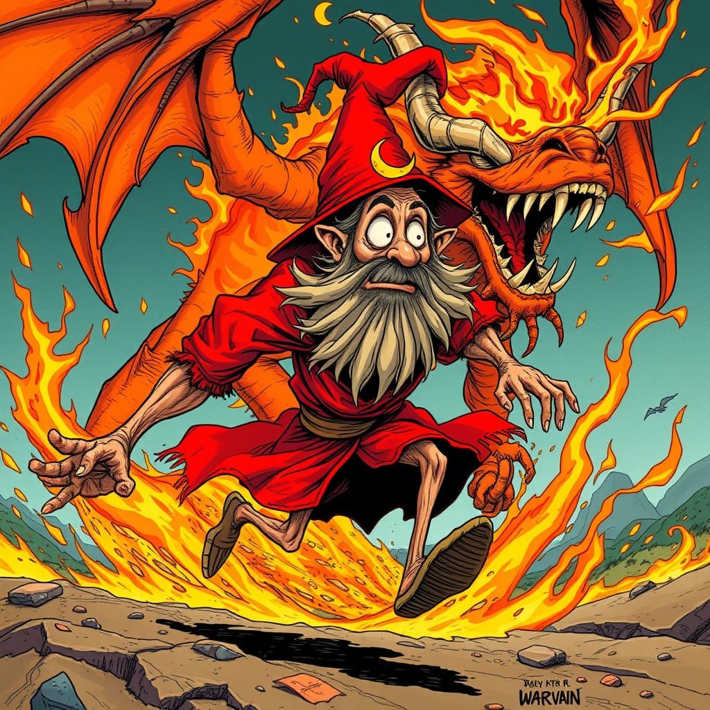 Wizard Fleeing from a Flaming Balrog in Whimsical Fantasy St...