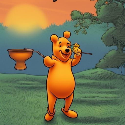 Winnie the Pooh at Sunset in Comic Book Style