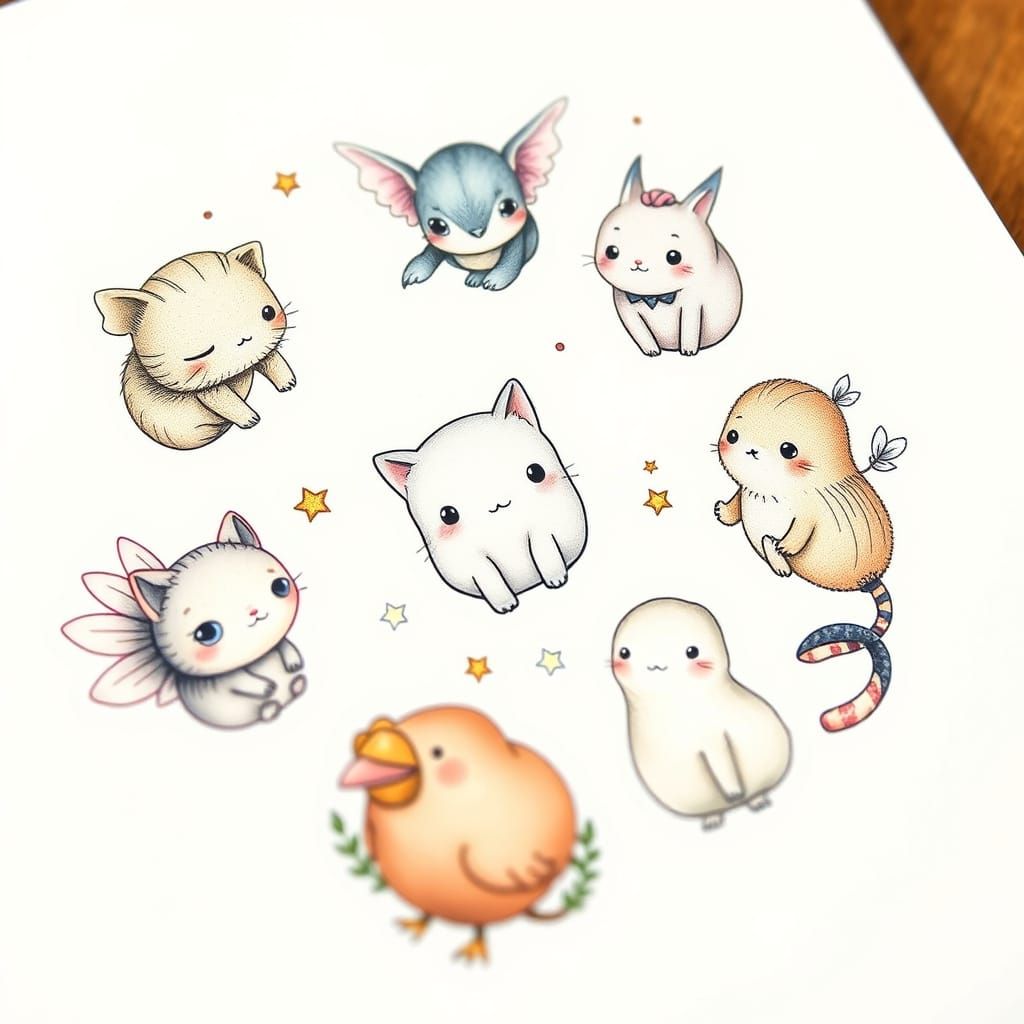 Cute Creature Tattoos Flash Sheet in Pastel Colors