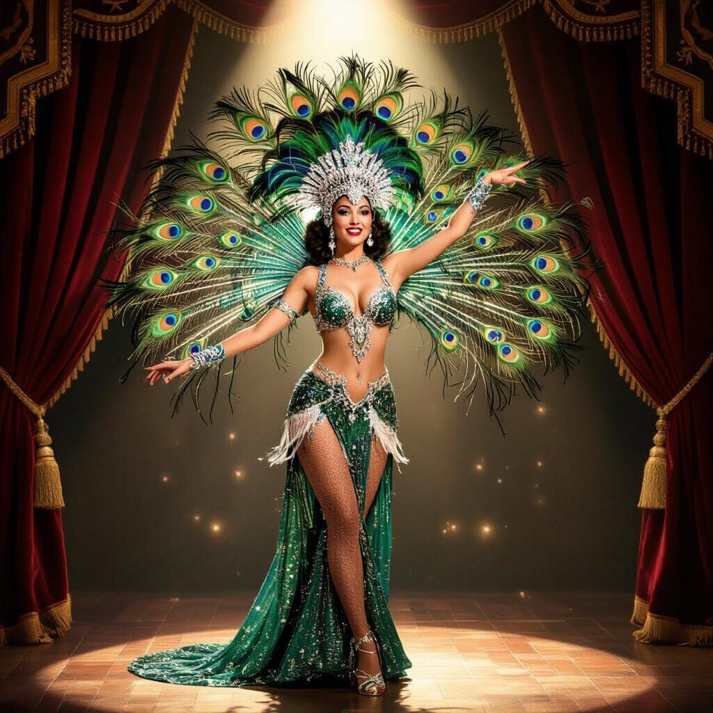Glamorous Showgirl in Peacock Headdress, Hollywood Glamour