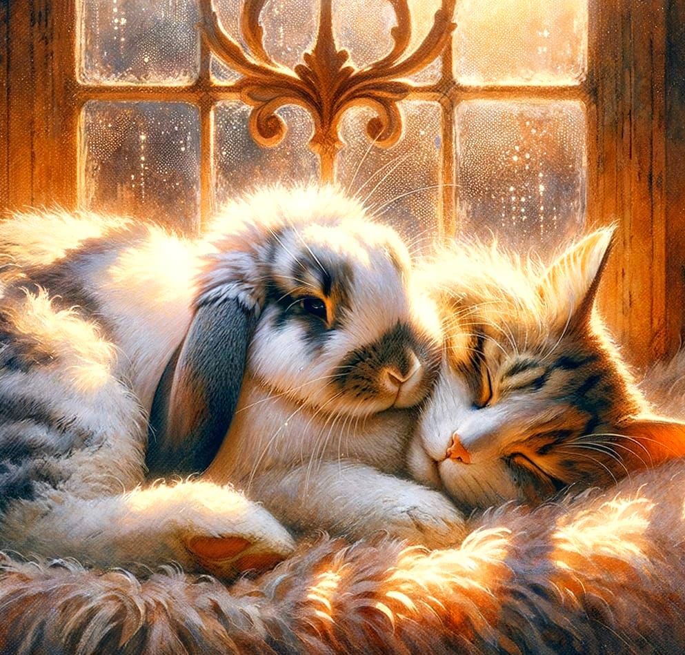 Whimsical Bunny and Cat Slumber in Impressionist Style