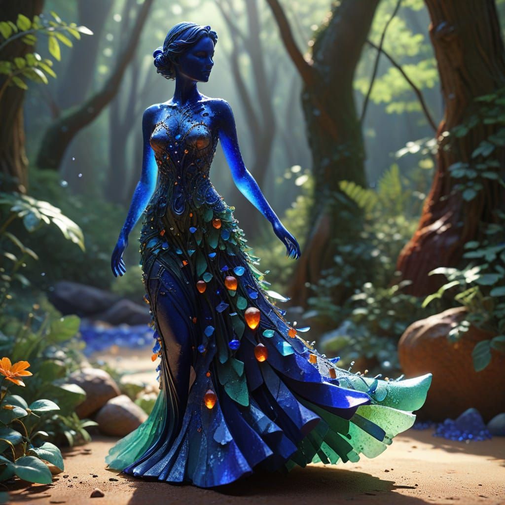 Haute Couture Model as Forest Spirit in Sea Glass Dress