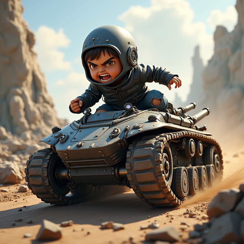 Chibi Cyborg Tank Race Through Dystopian Wasteland