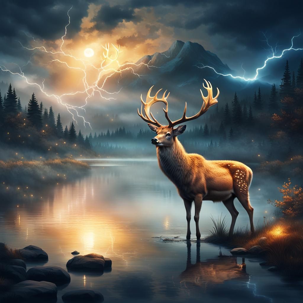 Majestic Deer in Fantasy Landscape with Lightning