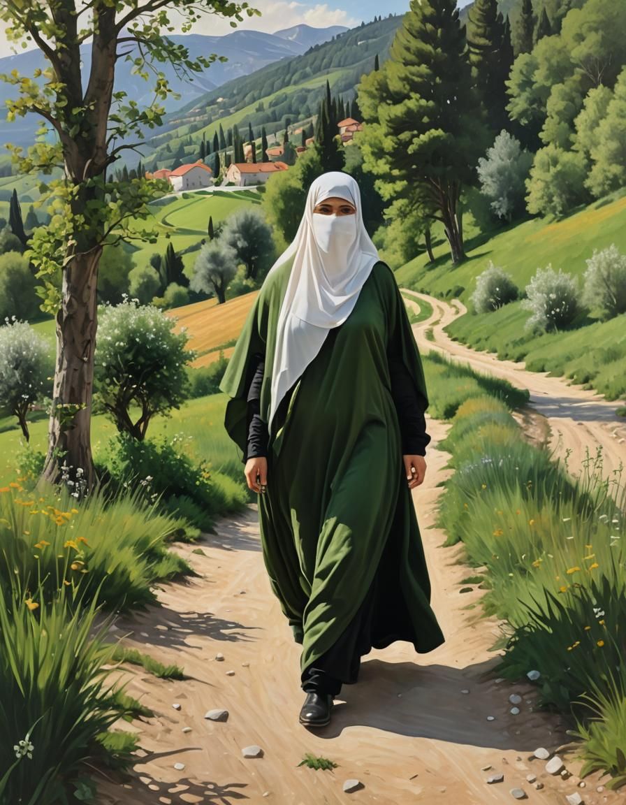 Modest Woman Walking in Croatian Landscape as Oil Painting