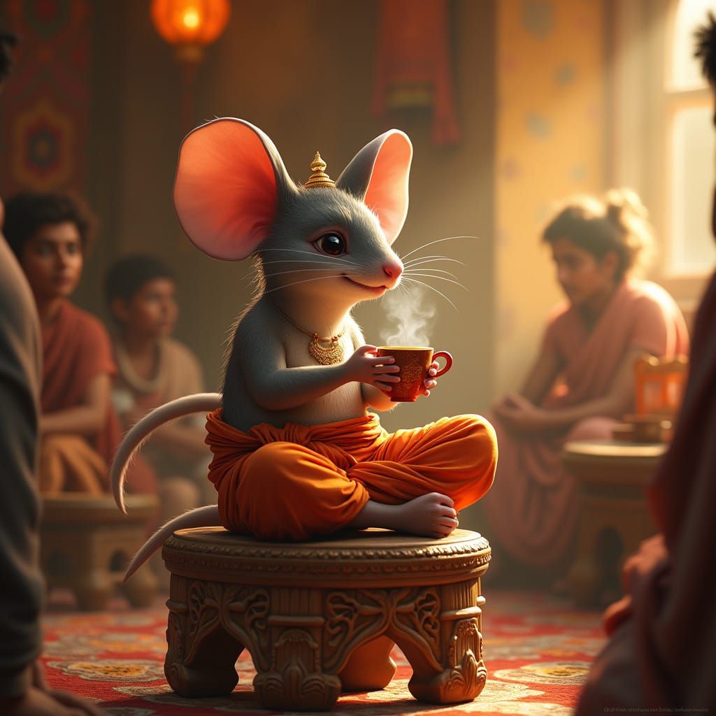 Mouse Wisdom and Chai in Vibrant Indian Tea Shop