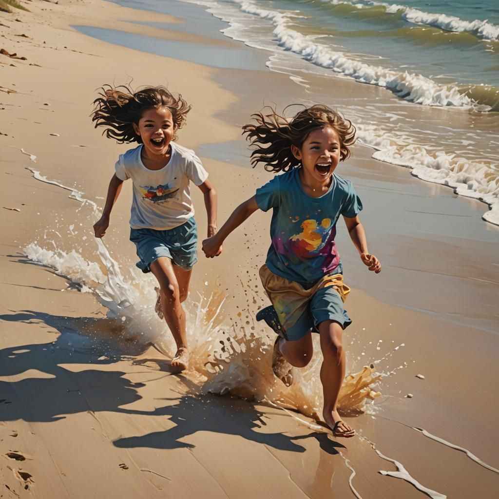 Children Run on Beach in Hyperrealistic Splash Art
