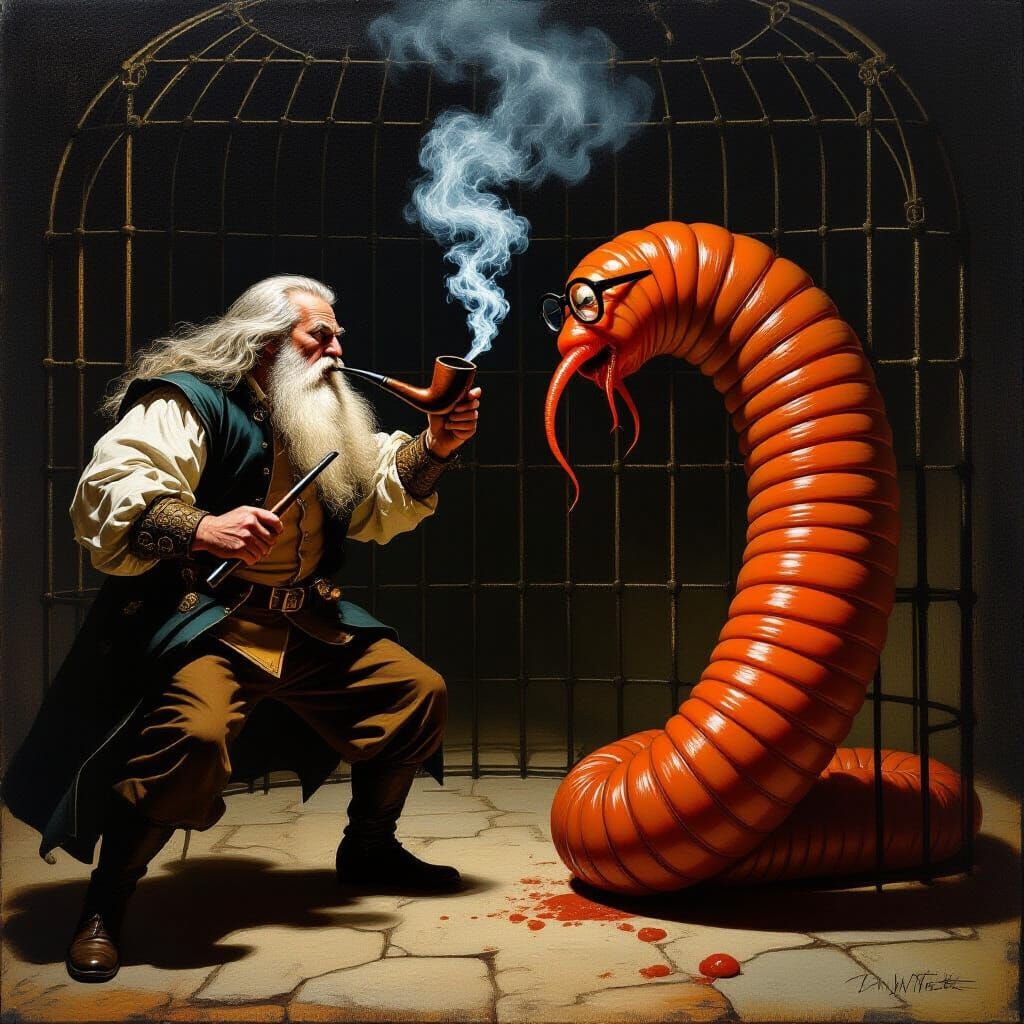 Renaissance Oil Painting: Man Fights Giant Worm in Cage