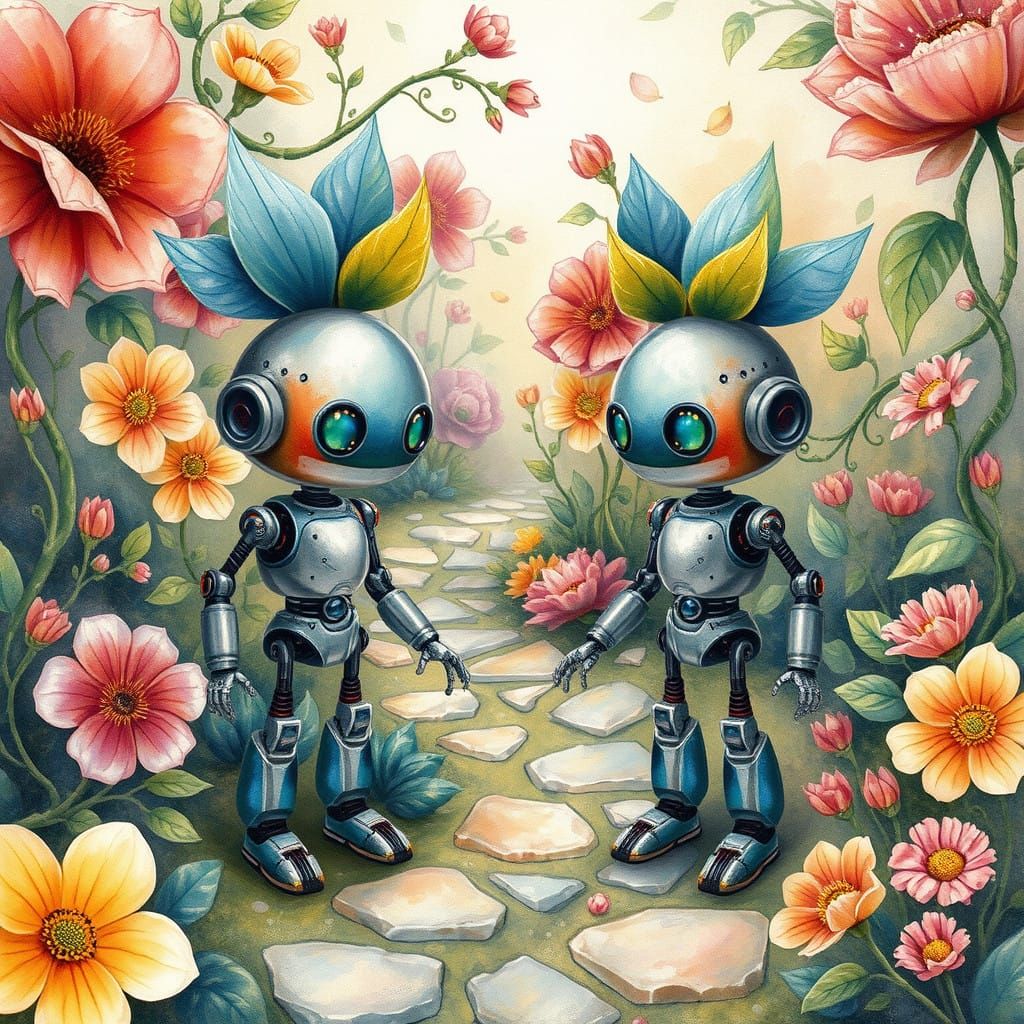 Vibrant Robots in a Whimsical Floral Wonderland