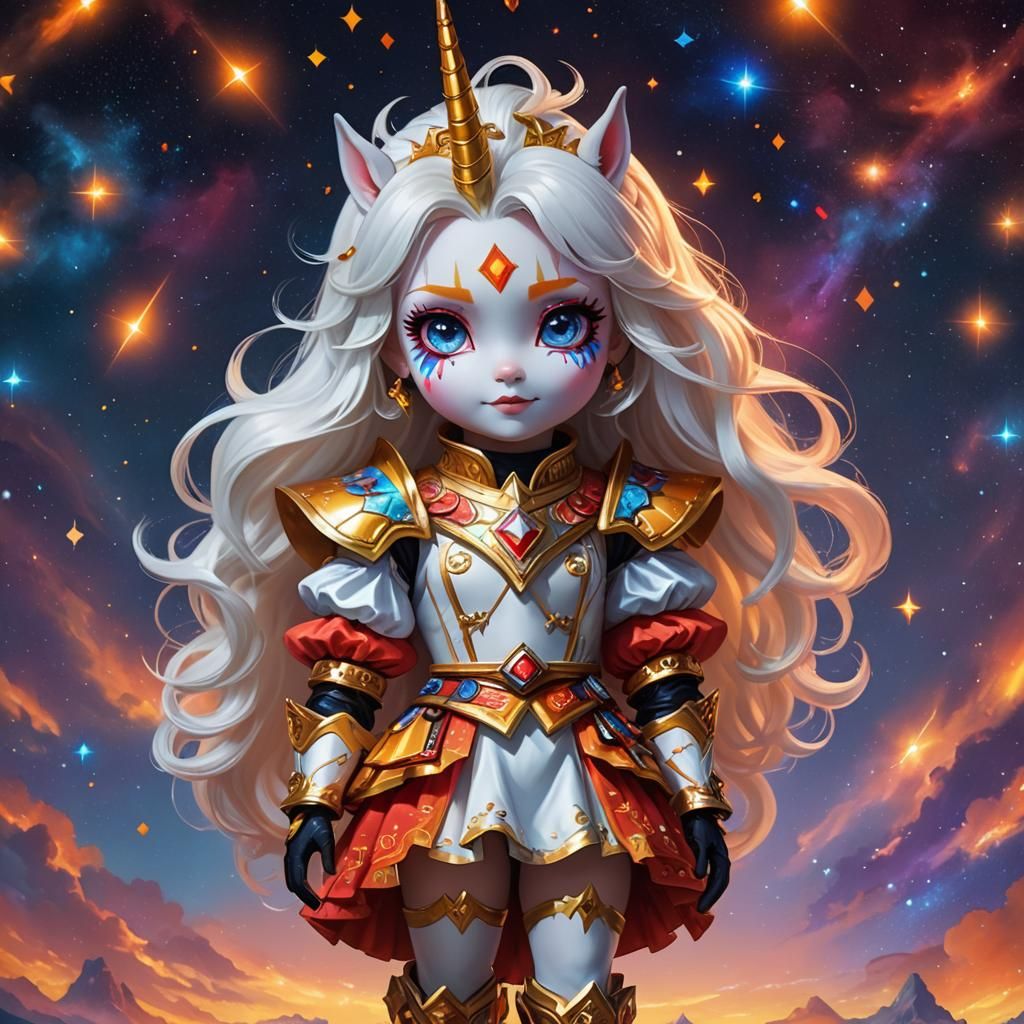 Chibi Harlequin Unicorn Princess in Nebula Aurora