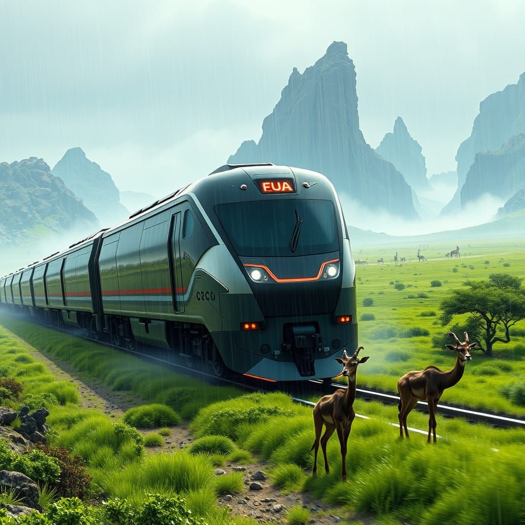 Sleek, Metallic Cargo Train Speeds Through a Futuristic Land...