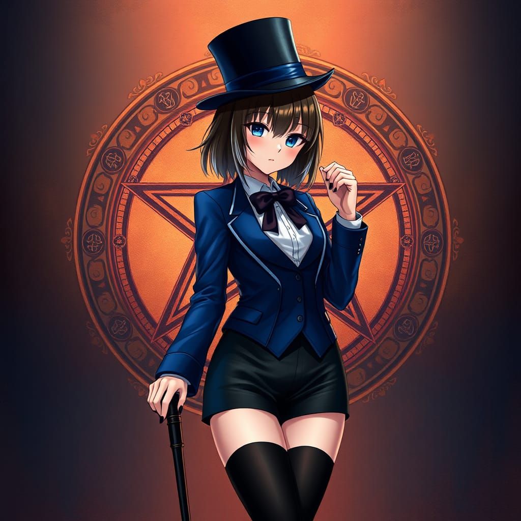 Anime Girl in Blue Suit with Pentagram Background