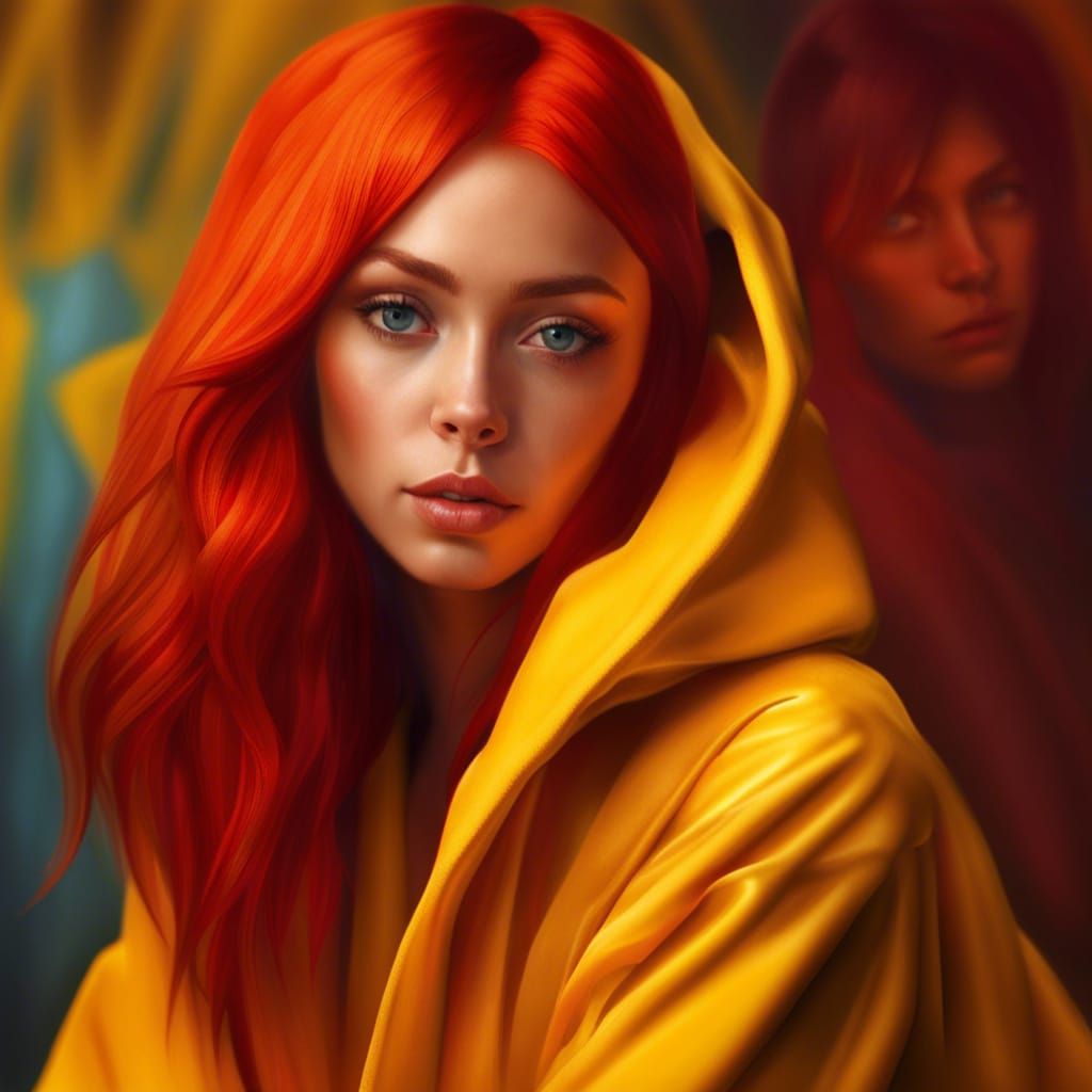 Red-Haired Woman in Yellow Robe: Photorealistic Portrait