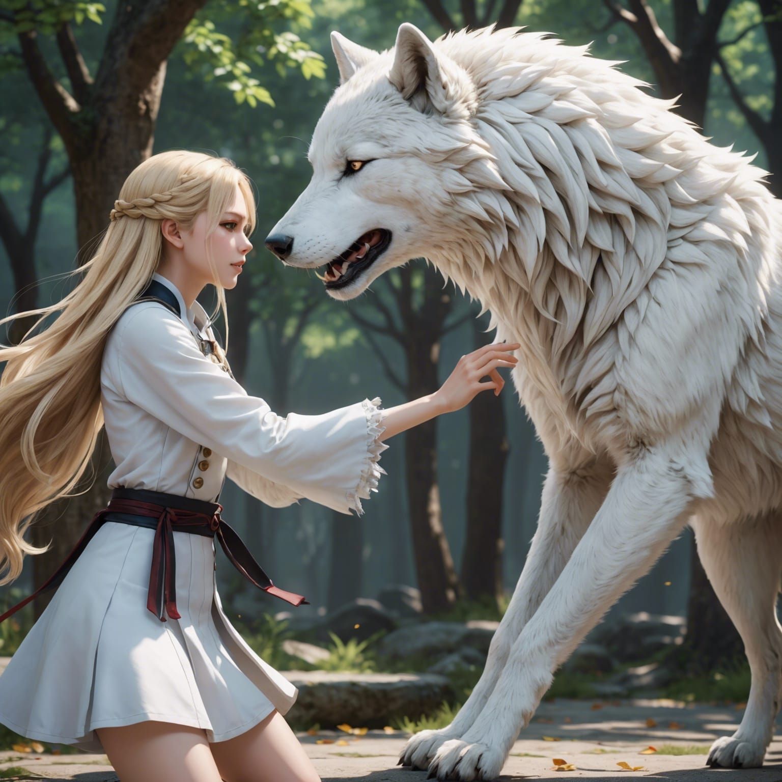 Anime Girl Calming White Wolf in 3D Style