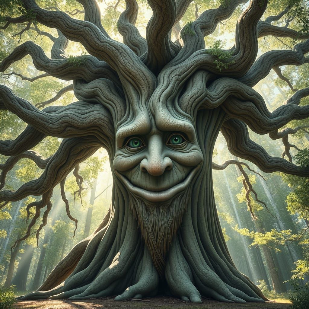 Ancient Oak Sage with Wise Human Face in a Sunlit Forest Gla...