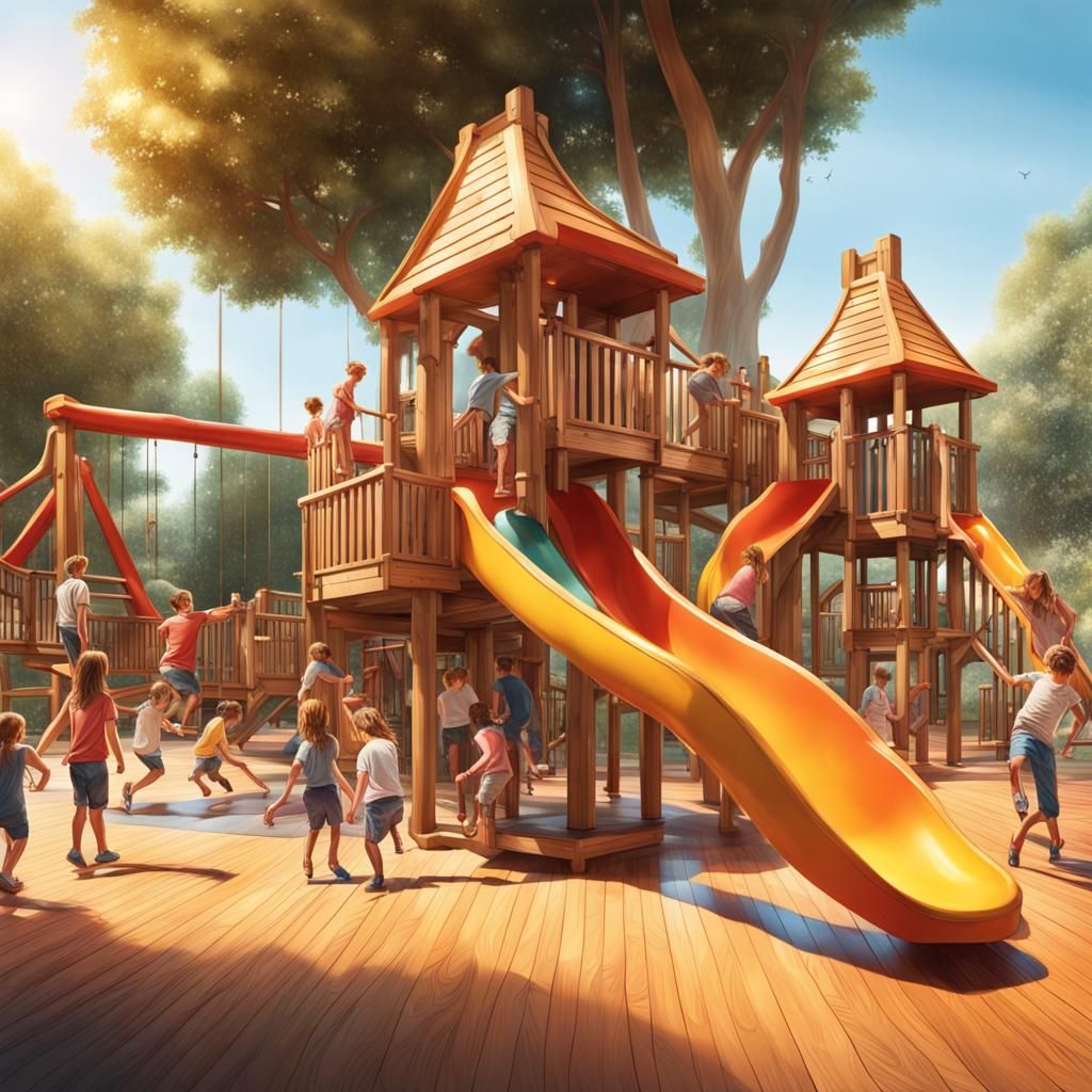 Hyperrealistic Wooden Playground with Tweens