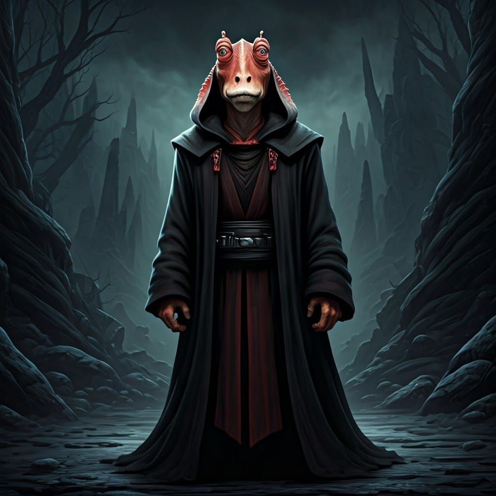 Malevolent Sith Lord Jar Jar Binks in Dark Fantasy Landscape