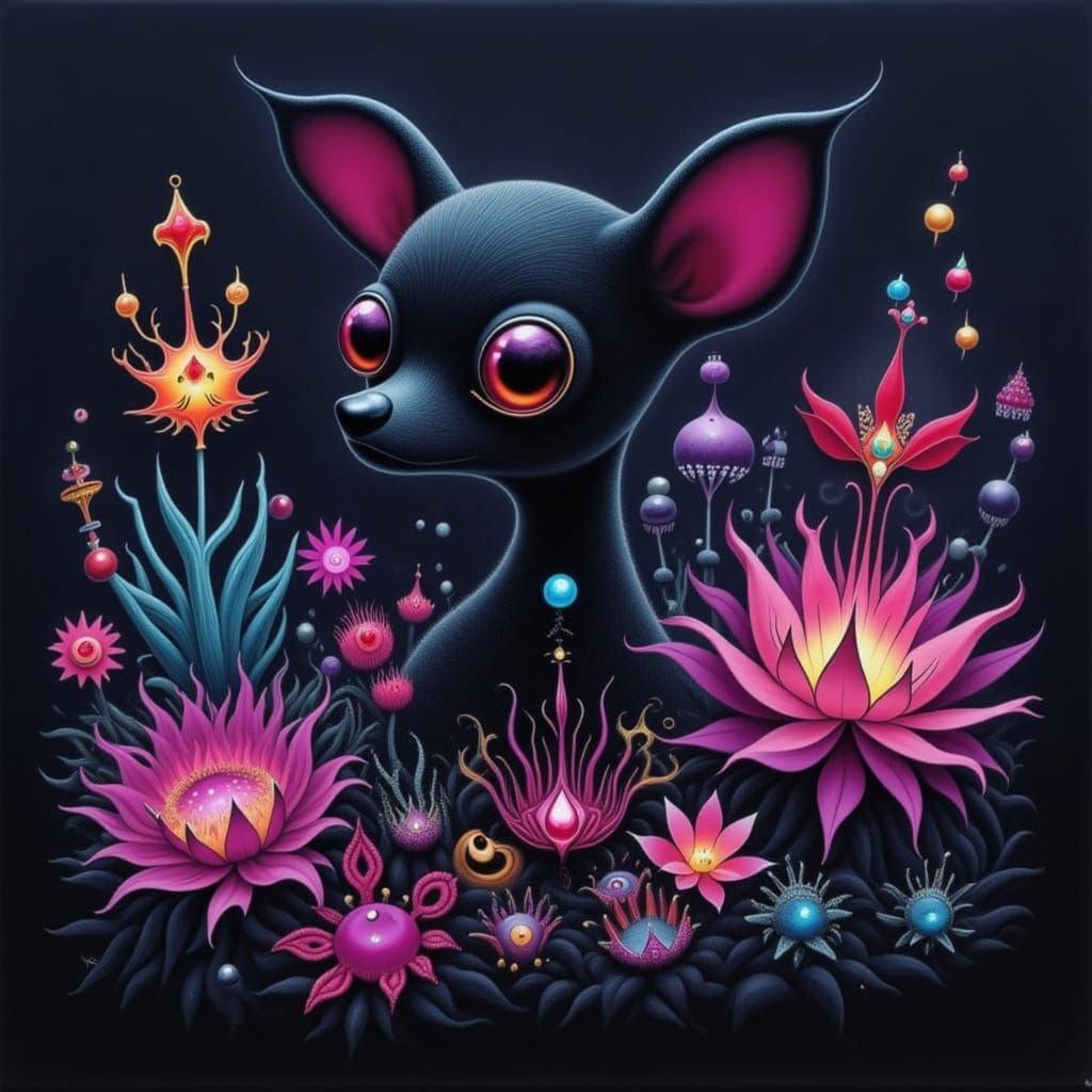 Chihuahua Silhouette Filled with Bioluminescent Alien Jungle