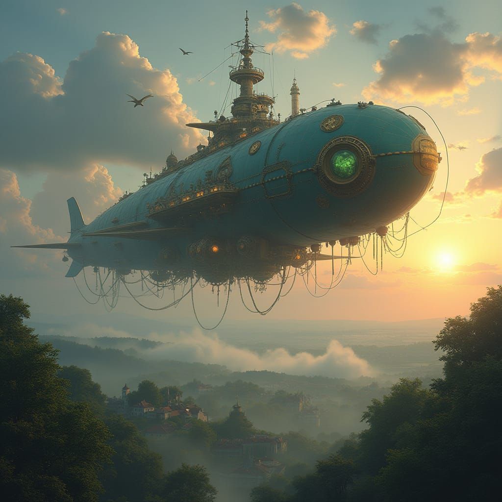 Steampunk Jellyfish Airship Drifting Through Sunset Sky