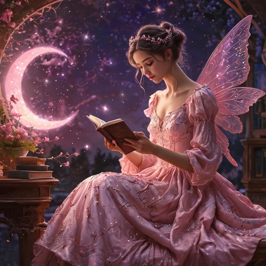 Fairy Reading on Moon in Dreamy Style