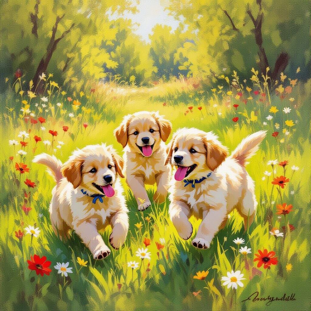 Golden Retriever Puppies Play in Sunlit Meadow as Impression...