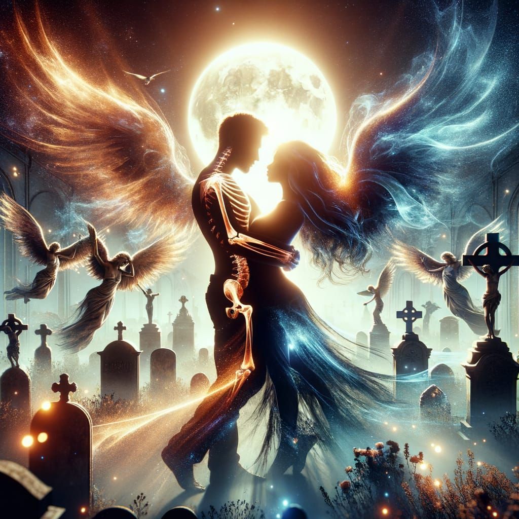 Lovers' Dance in Moonlit Graveyard, Fantasy Illustration Sty...