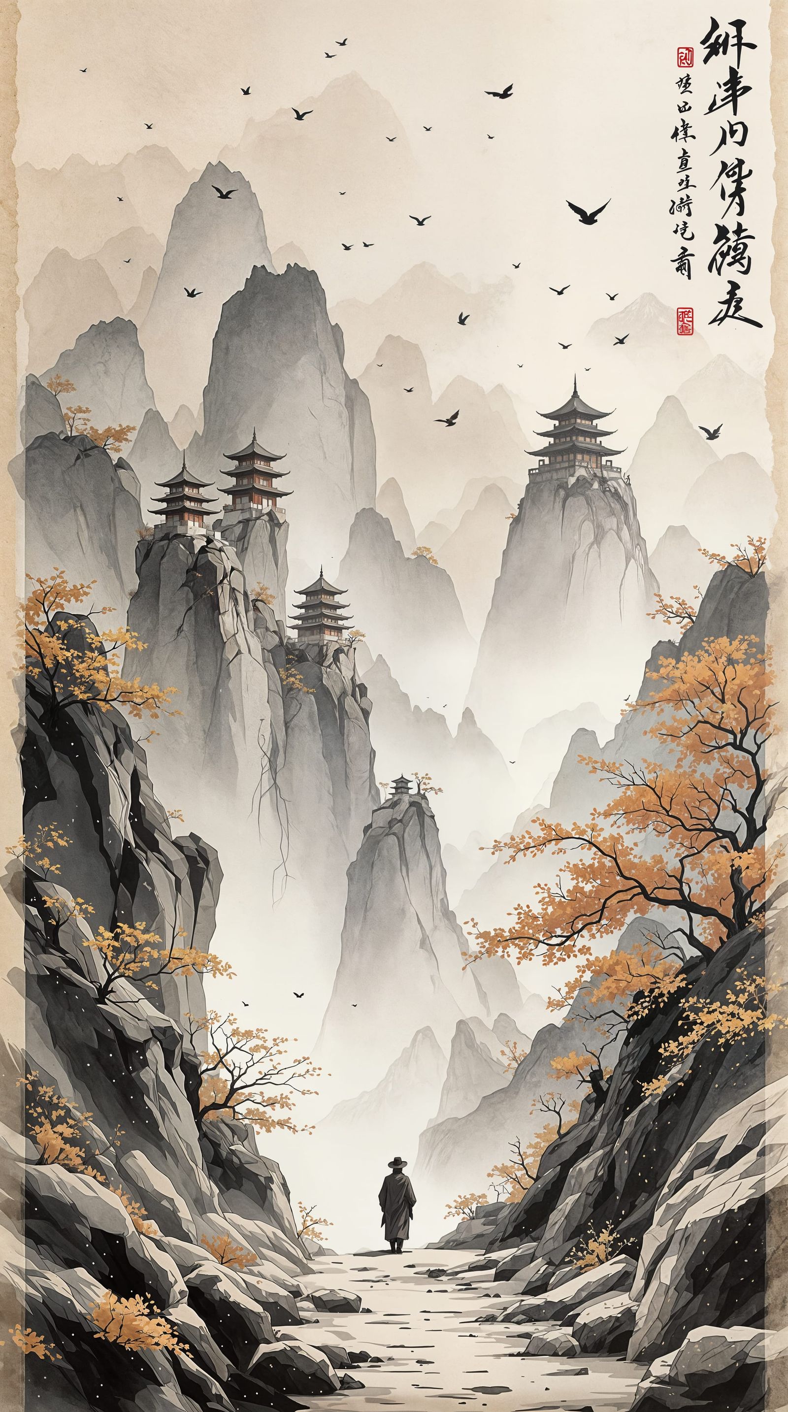 Ethereal East Asian Mountain Landscape with Ink Wash Aesthet...
