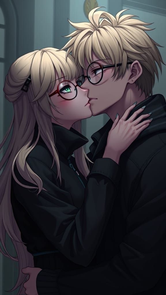 Goth Girl Kisses Dark-Haired Man: 3D Anime Art