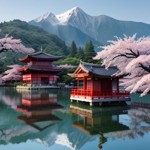 Ancient Sakura Temple on Lake with Mountains