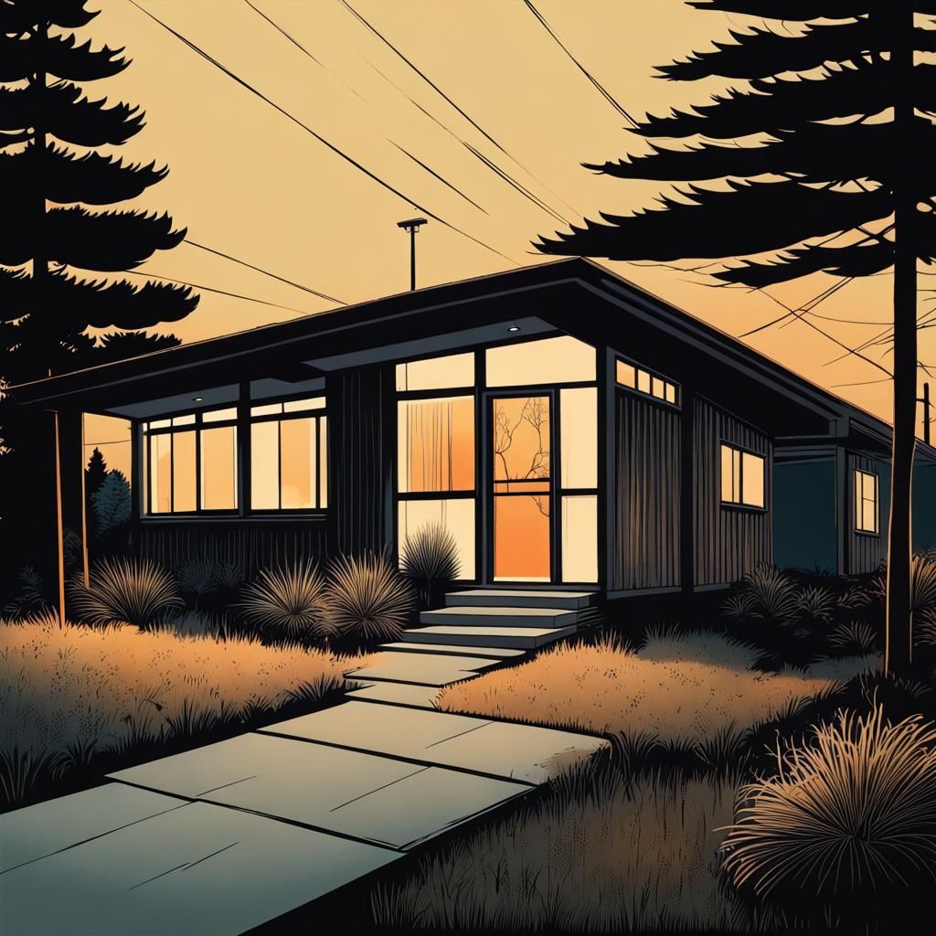 Mid-Century Bungalow Illustration with Dusk Afterglow