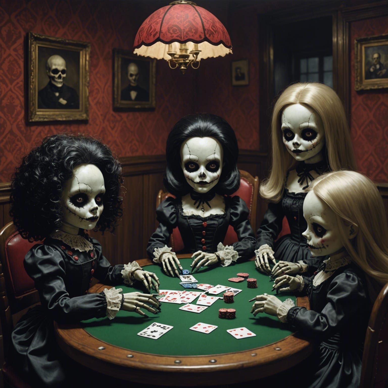 Creepy Dolls Play Poker in Pastel Goth Style